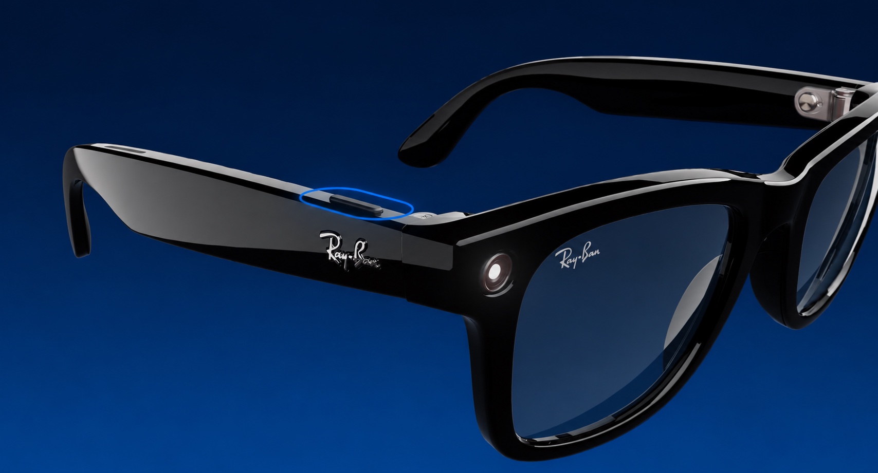 Detalhe da câmera integrada à armação Ray-Ban Meta